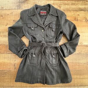 80s Black Leather Trench Coat Matte Black Womens Large Utility Pockets